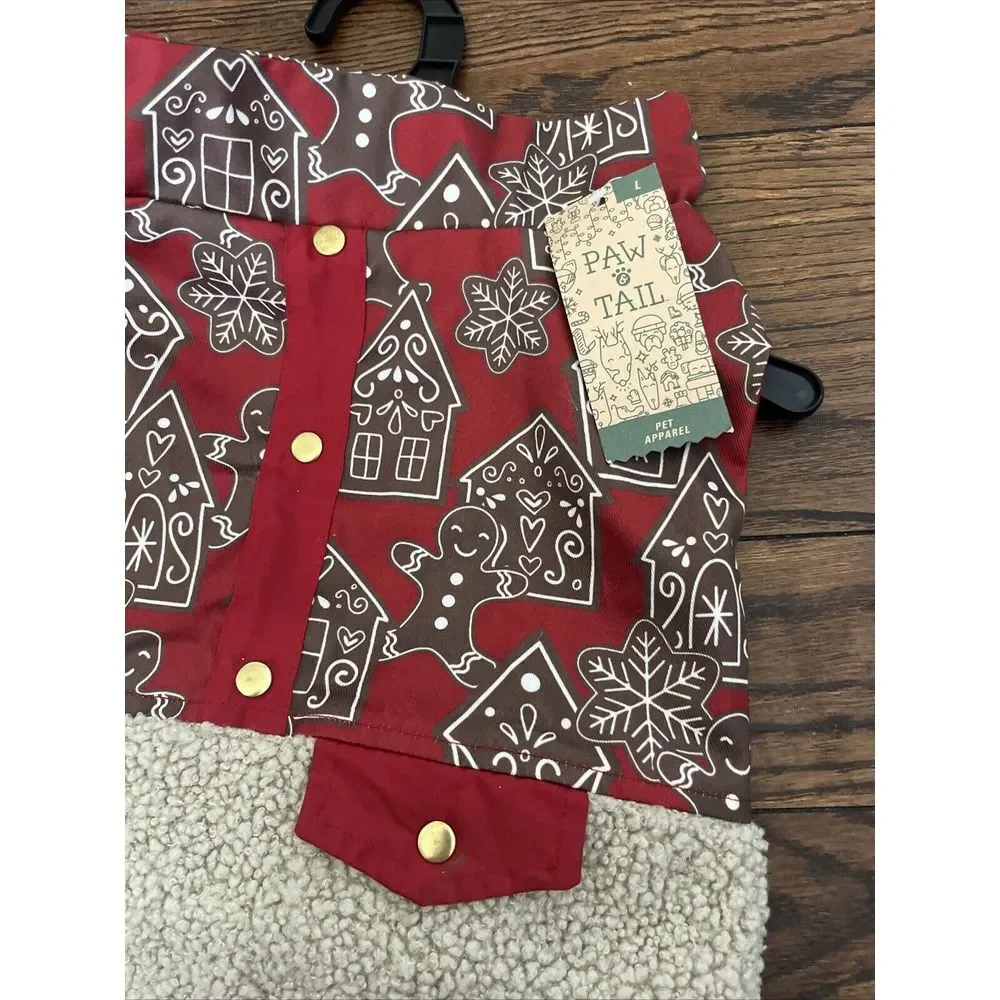 Paw & Tail Red Tan Fuzzy Gingerbread Houses Dog Vest Coat Large‎